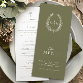 Olive-White-Blatt-Oval-Monogramm-Hochzeit Menükarte