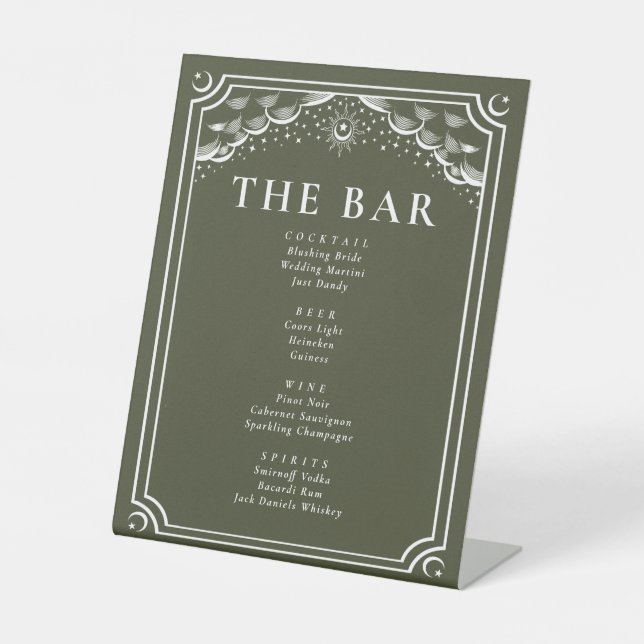 Olive & White Gothic Tarot Card Hochzeitsmenü Bar Sockelschild (Vorderseite)