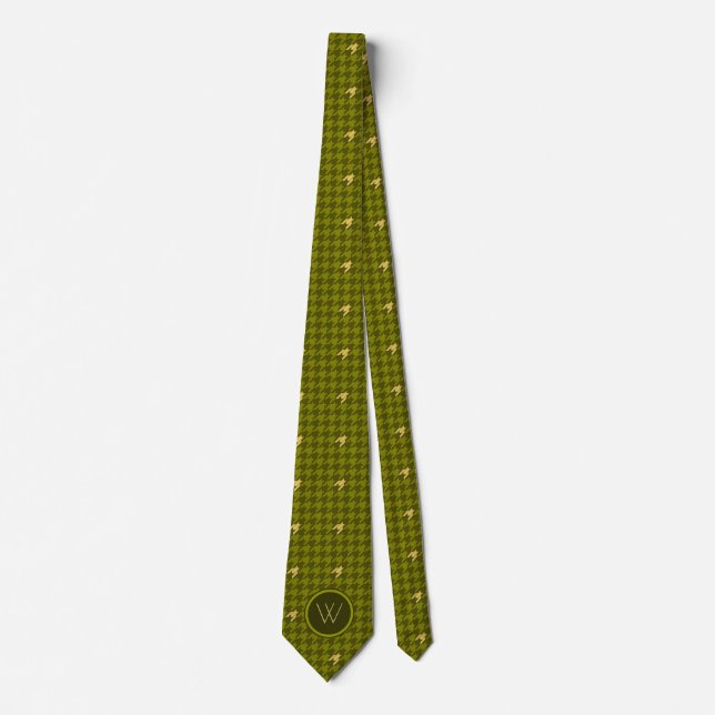 Olive with Gold Accent Houndstooth Cravate (Devant)