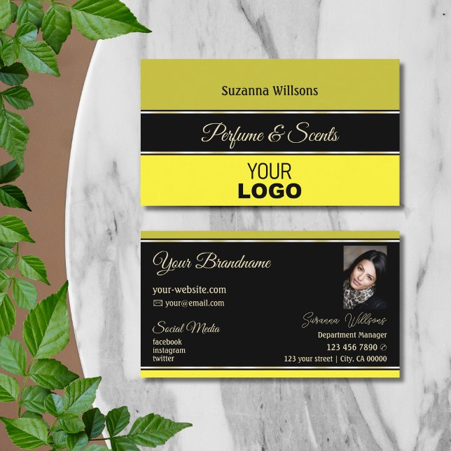 Olive Yellow Borders on Black mit Logo und Foto Visitenkarte (Von Creator hochgeladen)