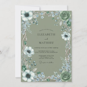 Oliven-Anemonen-Aquarell-Hochzeit Einladung