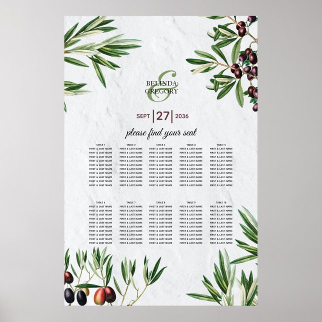 Oliven-Blätter Griechische Insel Hochzeitssitzkart Poster (Vorne)