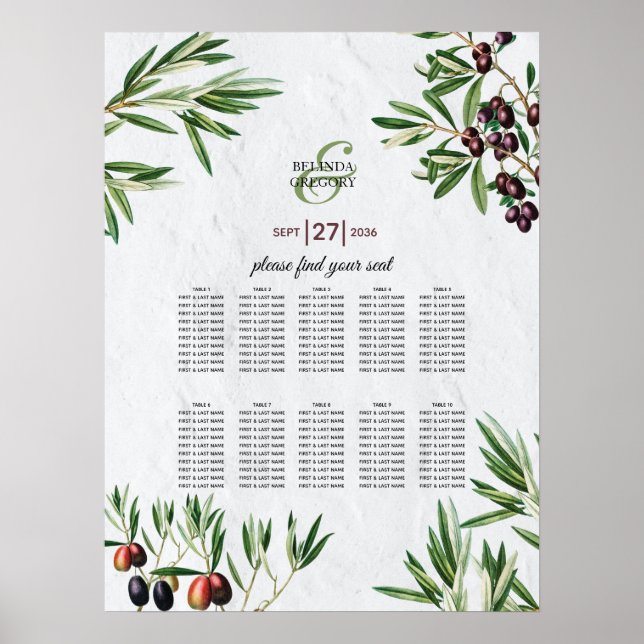 Oliven-Blätter Griechische Insel Hochzeitssitzkart Poster (Vorne)