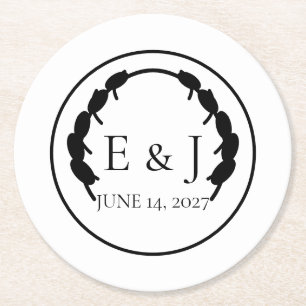 Oliven-Botanik-Monogramm-Hochzeitspapier-Unterlage Runder Pappuntersetzer