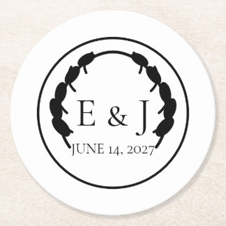 Oliven-Botanik-Monogramm-Hochzeitspapier-Unterlage Runder Pappuntersetzer