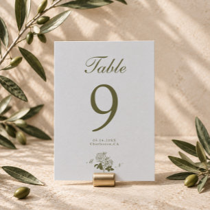 Oliven-Botanisches-Monogramm-Hochzeitstisch-Nummer Einladung