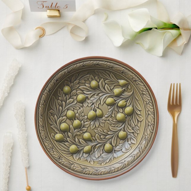 Oliven-Branch-Imitats, mediterrane Keramik Pappteller (Faux Italian Pottery in 3D - Green Olives European Pottery Inspired Paper Plates - Wedding and Party)