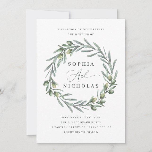 Oliven Einladung. Italienische Hochzeit. Naturkran Einladung (Vorderseite)