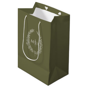 Oliven-grüne Blätter-Oval-Kranz-Monogramm-Hochzeit Mittlere Geschenktüte