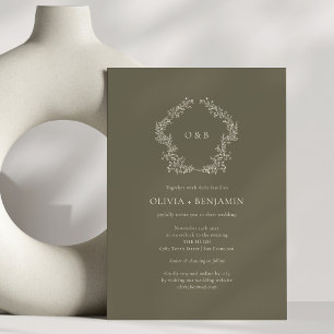 Oliven-grüne botanische Kranz-Monogramm-Hochzeit Einladung