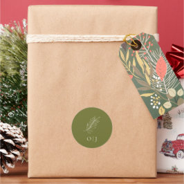 Oliven-grüne botanische Monogramm-Hochzeit Runder Aufkleber
