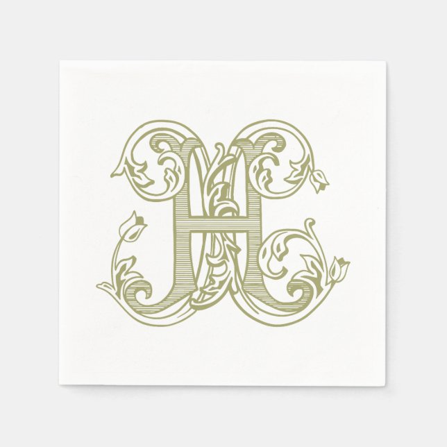 Oliven-grüne "H"-Monogramm-Cocktailservietten Serviette (Vorderseite)