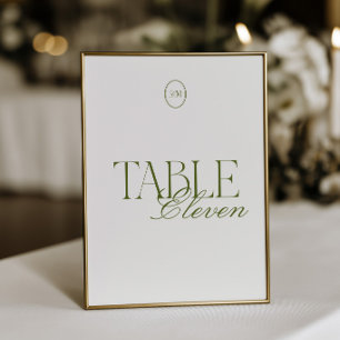 Oliven-grüne Monogramm-Hochzeitstisch-Nummernkarte Einladung