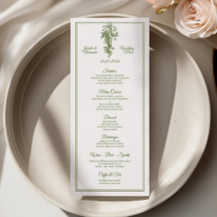 Oliven-grüne Toile de Jouy-Hochzeitsmenükarte Menükarte