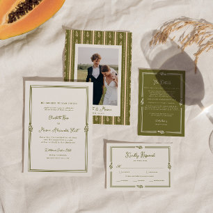 Oliven-grüne toskanische elegante Foto-Hochzeit Einladung