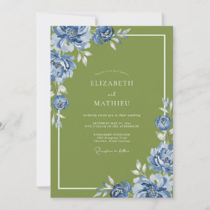 Oliven-Kobalt-Blüten-Hochzeit Einladung