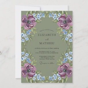 Oliven-Mauve-Azurne Hochzeitskranz Einladung