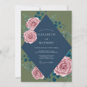 Oliven-Navy-Pfingstrosen-Hochzeit Einladung