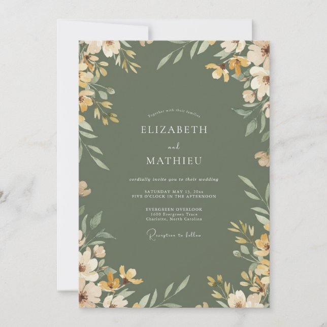 Oliven-Ocker-Botanische Hochzeit Einladung (Vorderseite)