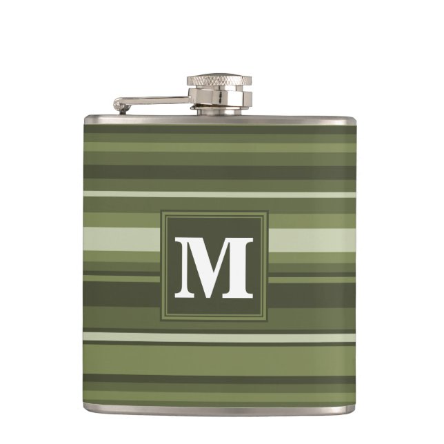 Oliven-Streifen in Monogramm Flachmann (Vorderseite)