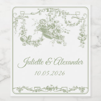 Oliven-Toile de Jouy Hochzeitsflaschenetikett Weinetikett