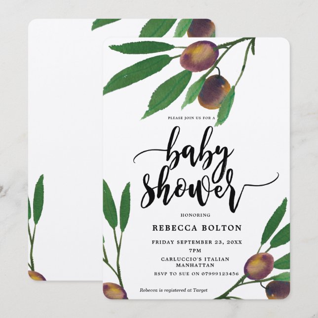 Oliven-Toskana-Dusche, moderne Baby-Dusche Einladung (Vorne/Hinten)