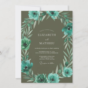 Oliven-Türkis-Anemonen-Hochzeit Einladung