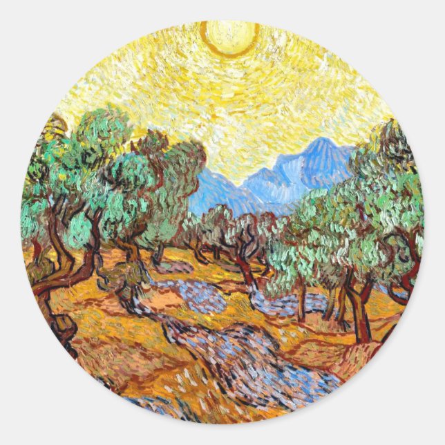 Olivenbäume (1889) Vincent Van Gogh Landschaft Kun Runder Aufkleber (Vorderseite)
