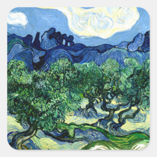 Olivenbäume mit Alpilles Landschaft Kunst, Dichtun Quadratischer Aufkleber
