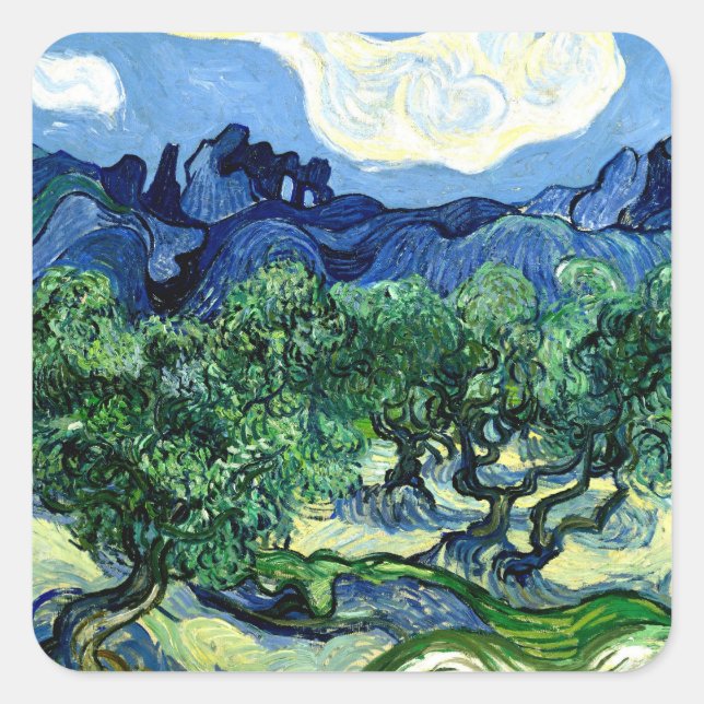 Olivenbäume mit Alpilles Landschaft Kunst, Dichtun Quadratischer Aufkleber (Vorderseite)