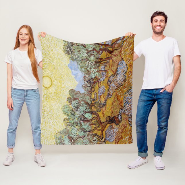 Olivenbäume mit gelbem Himmel und Sonne Fleecedecke (Beispiel)