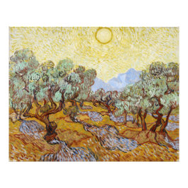 Olivenbäume mit gelbem Himmel und Sonne Fotodruck