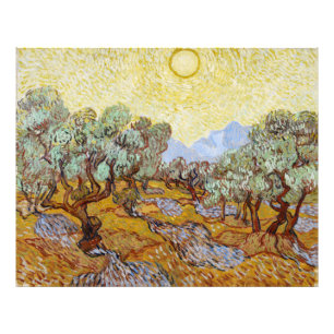 Olivenbäume mit gelbem Himmel und Sonne Fotodruck