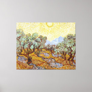 Olivenbäume mit gelbem Himmel und Sonne Leinwanddruck