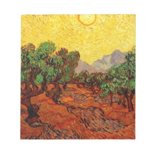 Olivenbäume mit gelbem Himmel und Sonne Notizblock