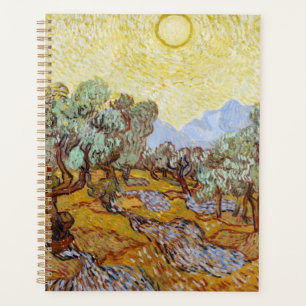 Olivenbäume mit gelbem Himmel und Sonne Planer