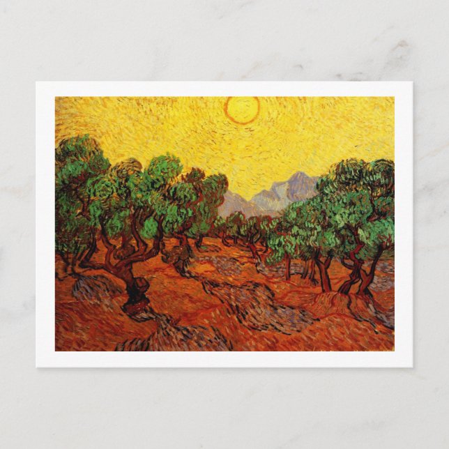 Olivenbäume mit gelbem Himmel und Sonne Postkarte (Vorderseite)