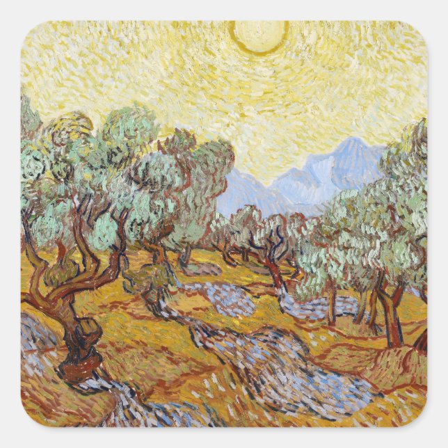 Olivenbäume mit gelbem Himmel und Sonne Quadratischer Aufkleber (Vorderseite)