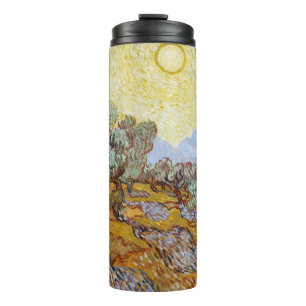 Olivenbäume mit gelbem Himmel und Sonne Thermosbecher
