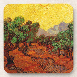 Olivenbäume mit gelbem Himmel und Sonne Untersetzer