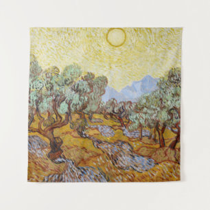 Olivenbäume mit gelbem Himmel und Sonne Wandteppich