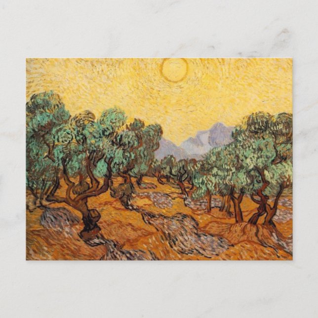 Olivenbäume mit gelbem Himmel und Sonnenkarte Postkarte (Vorderseite)