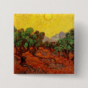 Olivenbäume mit gelbem Himmel und Sun Van Gogh Button
