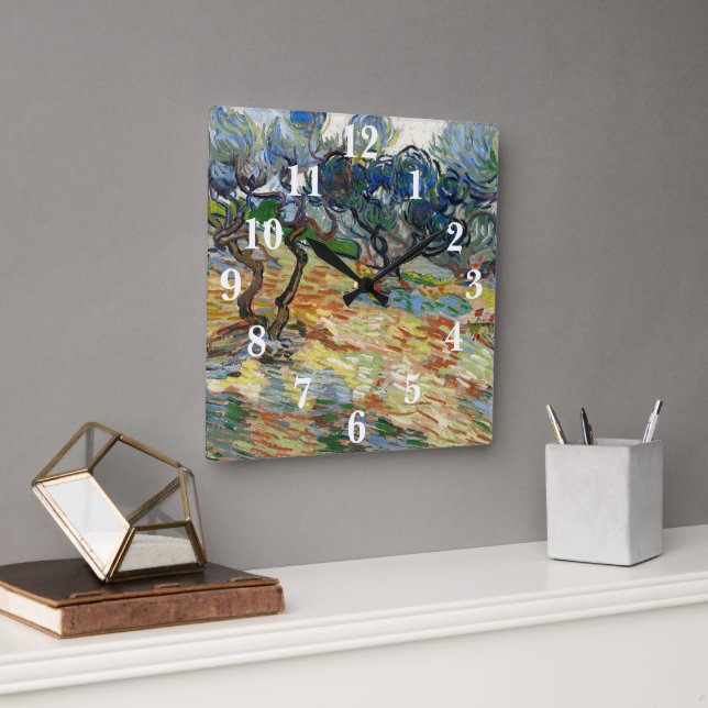 Olivenbäume von Vincent Van Gogh Quadratische Wanduhr (Büro)