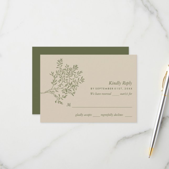 Olivenbaumzweig, rustikale und minimalistische Hoc RSVP Karte (Vorderseite/Rückseite Beispiel)