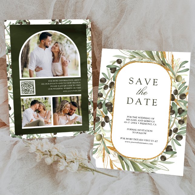 Olivenblätter-Foto-Collage-QR-Code-Hochzeit Save The Date (Von Creator hochgeladen)