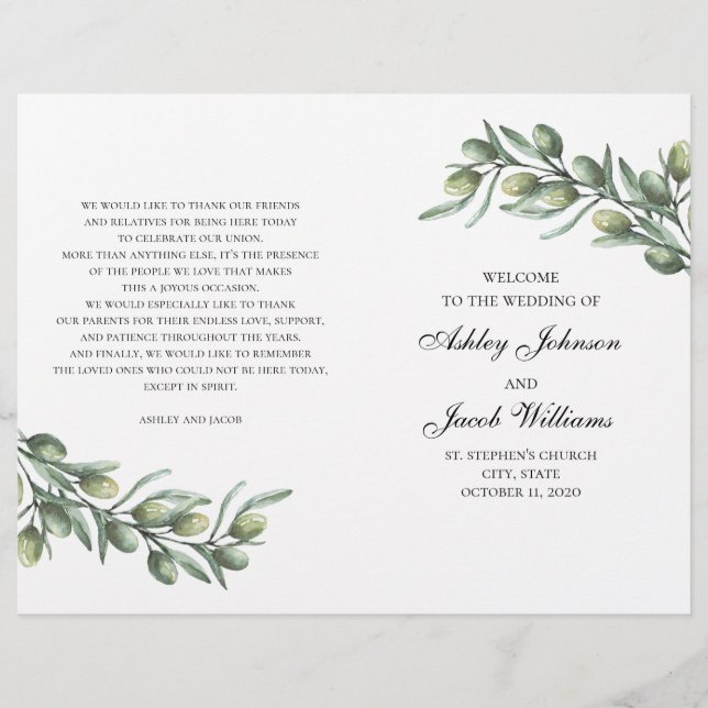 Olivenblätter. Italienisches Hochzeitsprogramm gef (Vorderseite)
