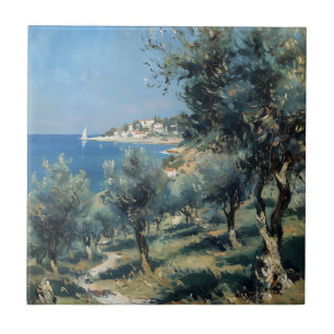 Olivenhain mit Küstenort und Meer Fliese