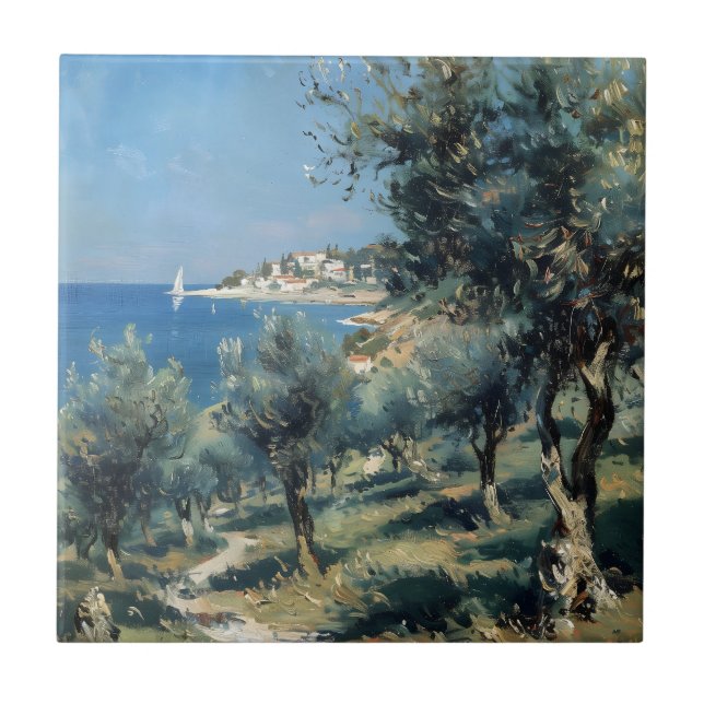Olivenhain mit Küstenort und Meer Fliese (Vorderseite)