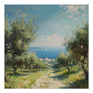 Olivenhain mit Küstenort und Meer Poster